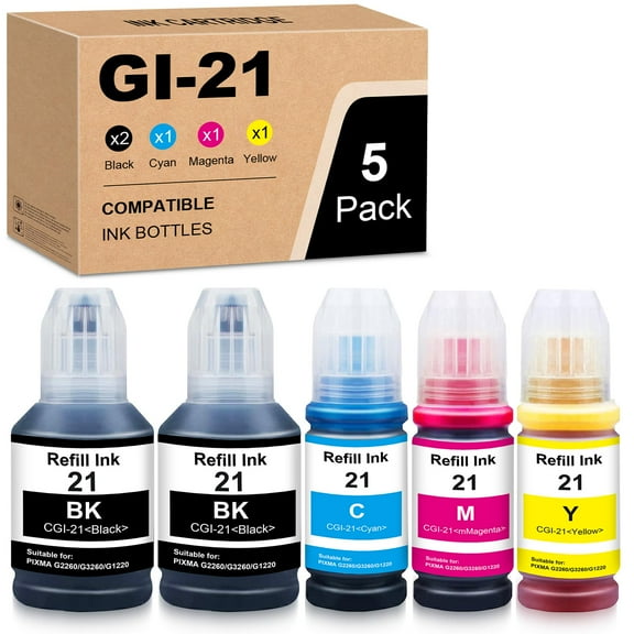 GI 21 GI21 Ink Bottles Replacements for GI-21 Ink Refill Bottles Compatible for G3270 G3290 G4280 G3260 G4270 G2260 G1220 G1230 G2270 MegaTank Printer (5 Pack, 2BK 1C 1M 1Y)
