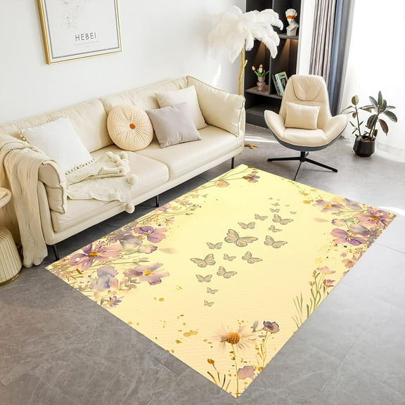 Vintage Purple Floral Rugs, Lilac Butterfly Viola Yedoensis Old Yellow Vintage Decor Rug, Foldable Easy To Clean Washable Rugs For Bedroom Decor Living Room Office 2x3ft