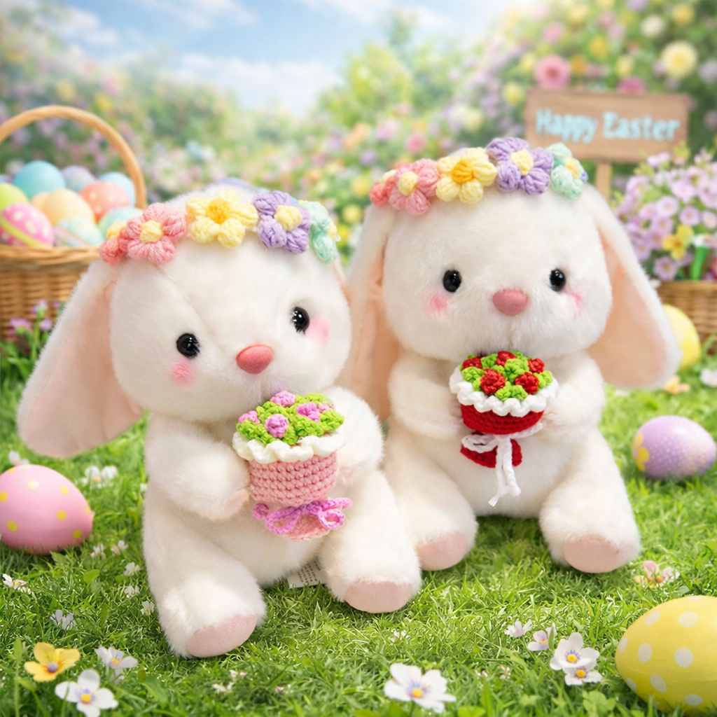 2pcs 9.84 in Bunny Stuffed Animal Plush Toy, Soft Bunny with Flower Crown & Bouquet, Easter Basket Stuffers for Kids, Easter Decorations for Home