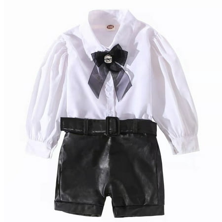 

Toddler Kids Baby Girls Long Sleeve Bow Button Down T Shirt Tops PU Leather Shorts With Belt Summer Outfits Set Size 12 Months-5 Years