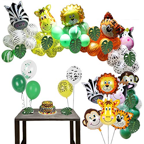Jungle Zoo Safari Party Supplies Decoration Kit-Latex Balloons, Animal Foil Balloons, Green Palm Leaves for Forest Wild Animal Birthday Kids Boys Girls Baby Shower Decor