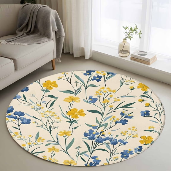Round Rugs 3Ft, Seasonal Botanical Blooms Round Area Rug Washable Indoor Throw Carpet, Blue Yellow Flowers Small Non Slip Circle Rug for Bedroom Living Room Home Decor Aesthetic