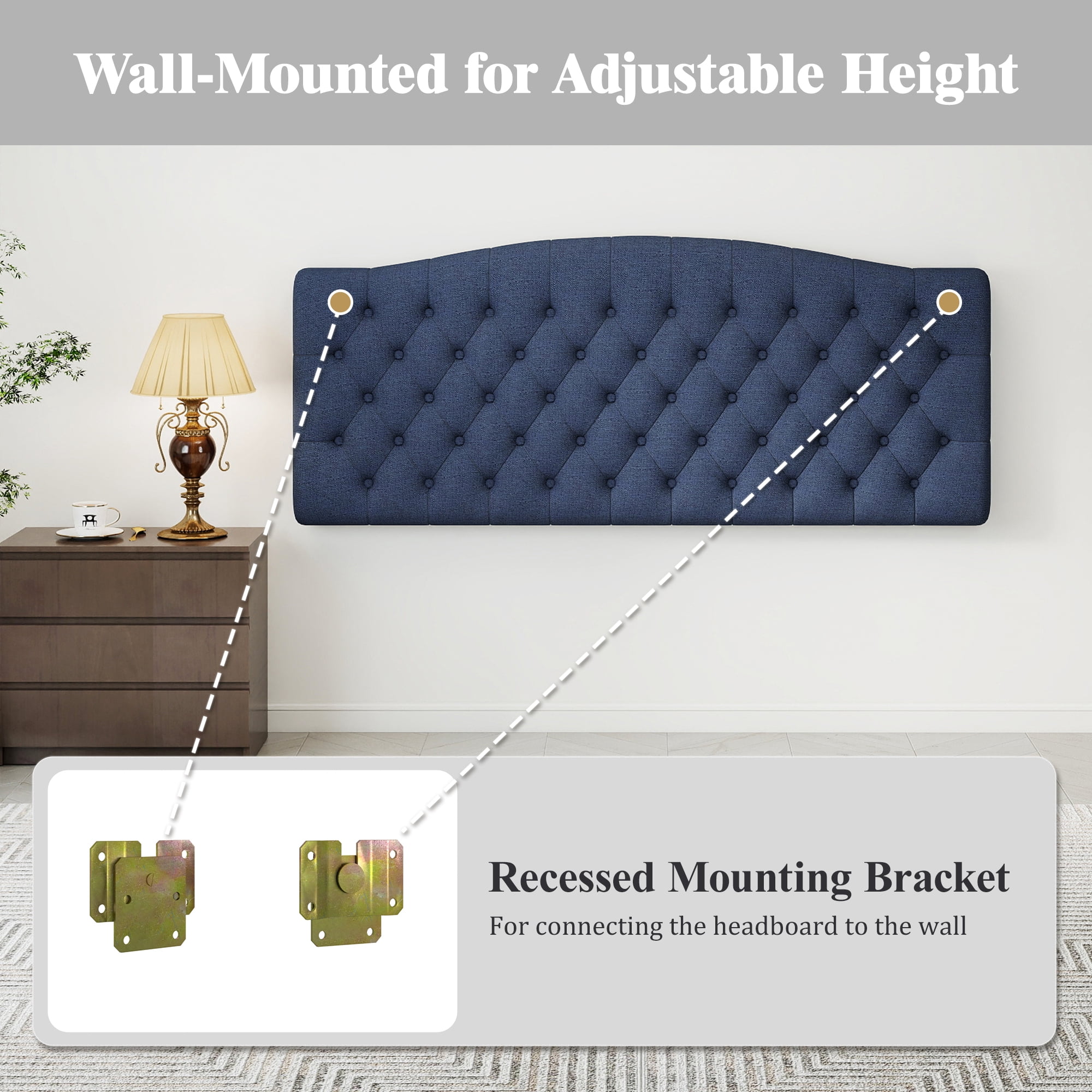 Queen Headboard Wall Mount & Bed Frame Compatible, Linen Upholstered Button Tufted, Navy Blue