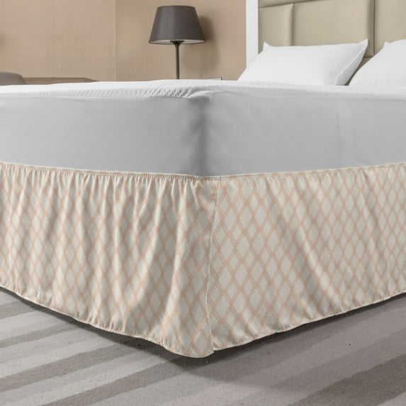Modern Bed Skirt, Geometrical Shapes Hexagonal Stripes Lines and Shapes with White Backdrop Artwork, Elastic Bedskirt Dust Ruffle Wrap Around for Bedding Decor, 4 Sizes, Peach Cream, by Ambesonne