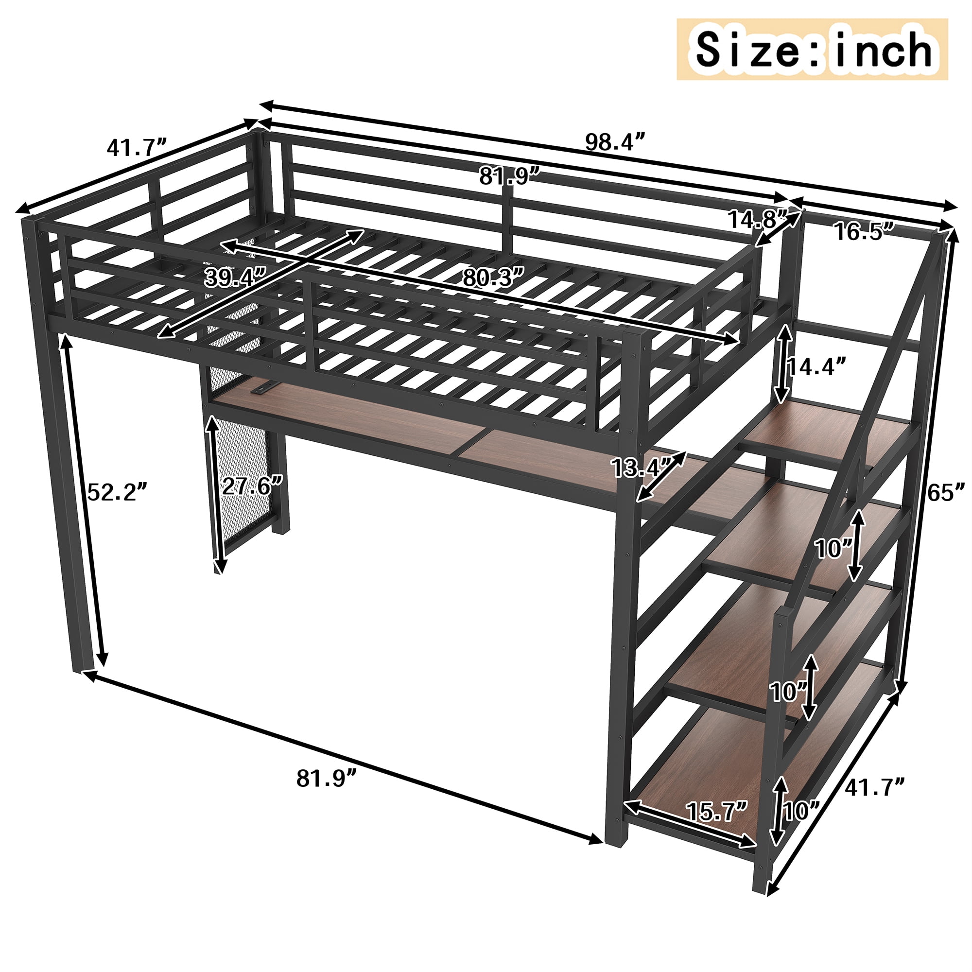 Mintazer Twin XL Loft Bed with Desk & Storage Stairs, Metal Bed Frame with LED Lights & USB Ports for Bedroom Dorm, Black