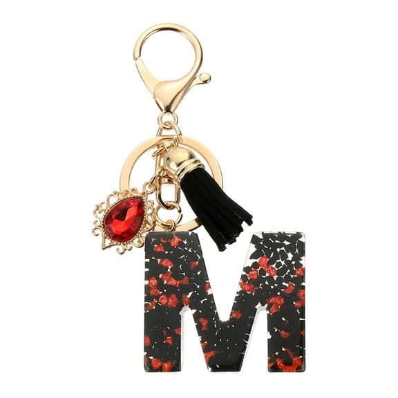 Uxcell Initial Letter M Keychains, Resin Alphabet Key Ring with Tassel, Black/Red