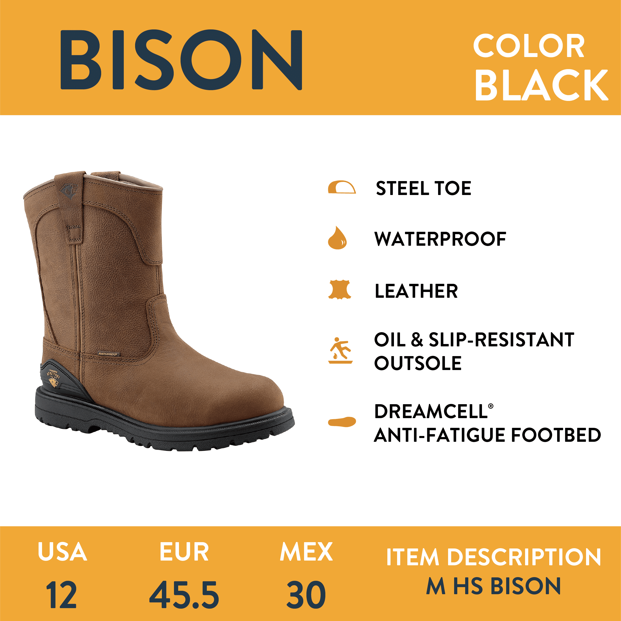 Herman Survivors Men's Bison Waterproof Pull On Steel Toe Work Boots