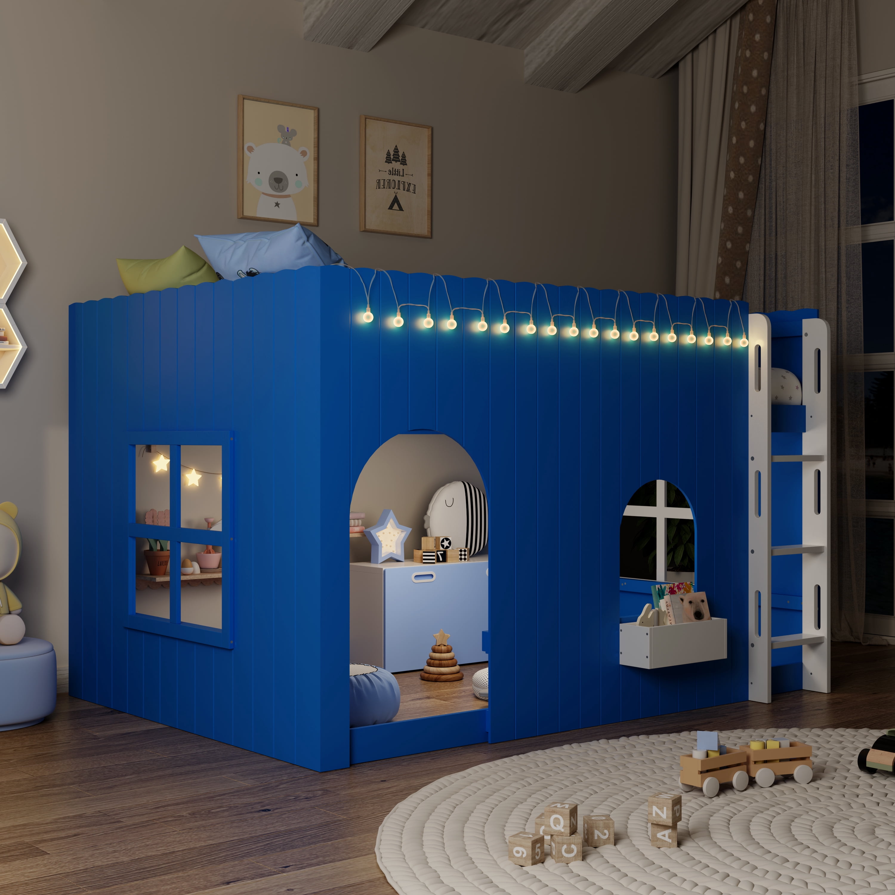 Mintazer Full House Loft Bed with LED Lights, Kids Playhouse Bed with Ladder, Blue