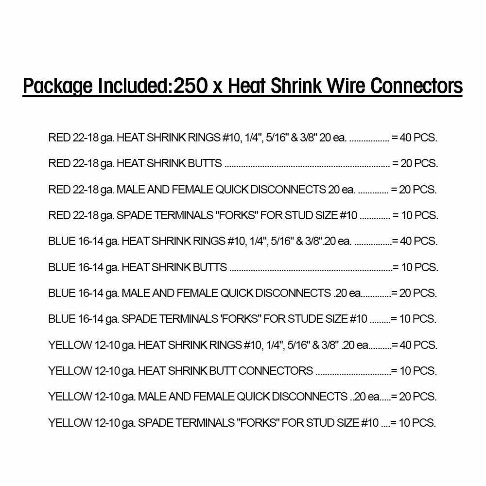 250PCS Heat Shrink Wire Connectors Electrical Terminals Kit Waterproof Marine