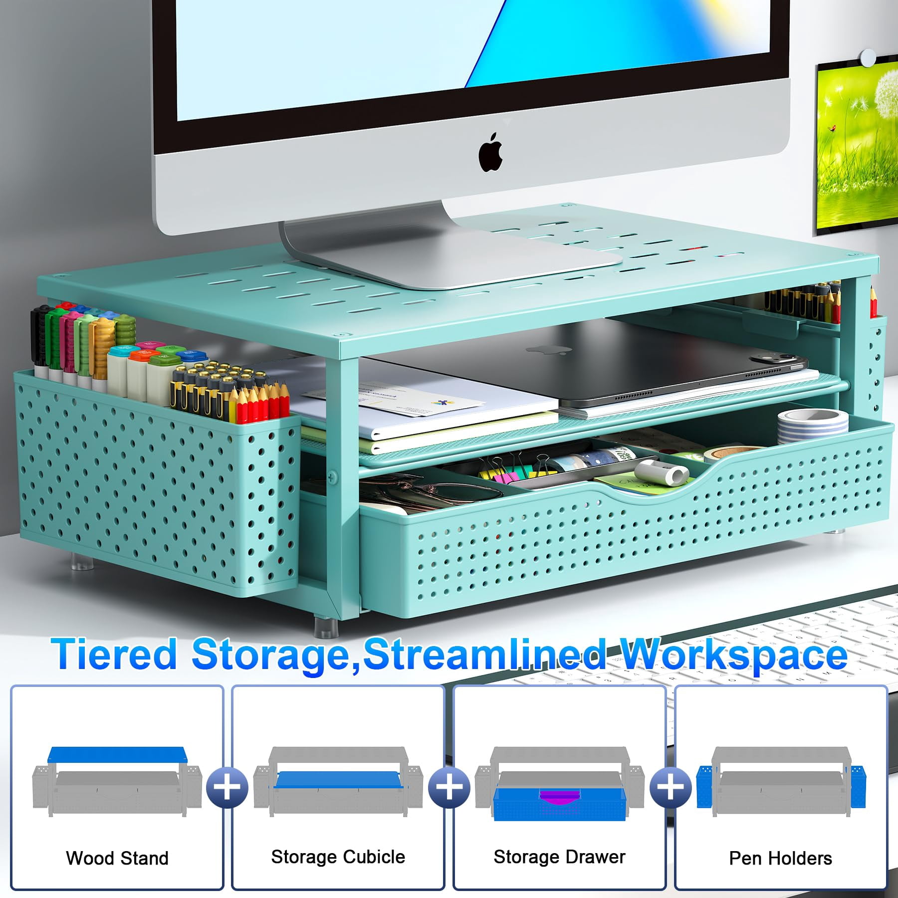 Desk Organizers And Accessories  Monitor Stand With Drawer 2 Pen Holder Desktop Organizer Suitable For Offices Dormitories (blue)