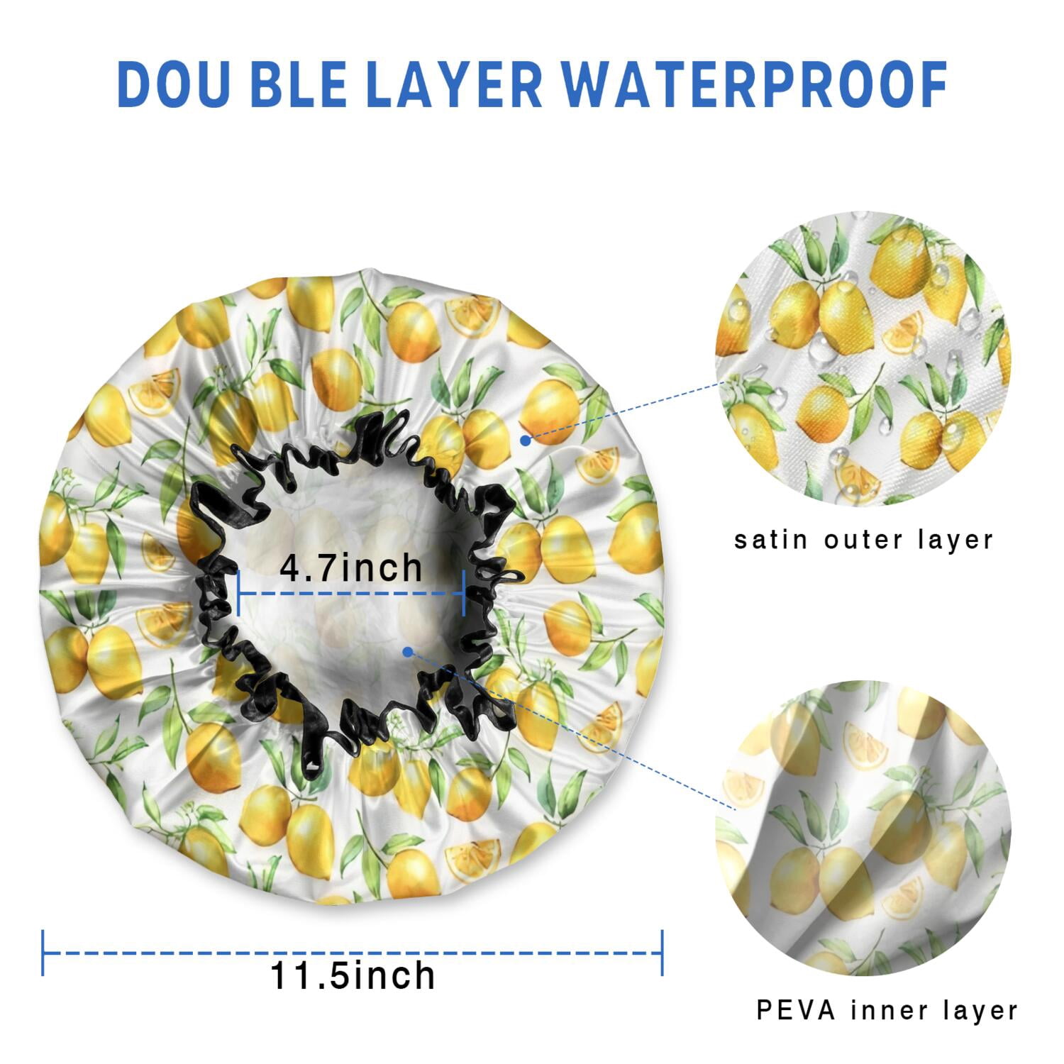 Shower Caps,Yellow Lemon Fruit Slices White Pattern Waterproof Shower Cap for Women 4 Pieces,Double Reusable Hair Cover for Shower PEVA Elastic Stretch Hem