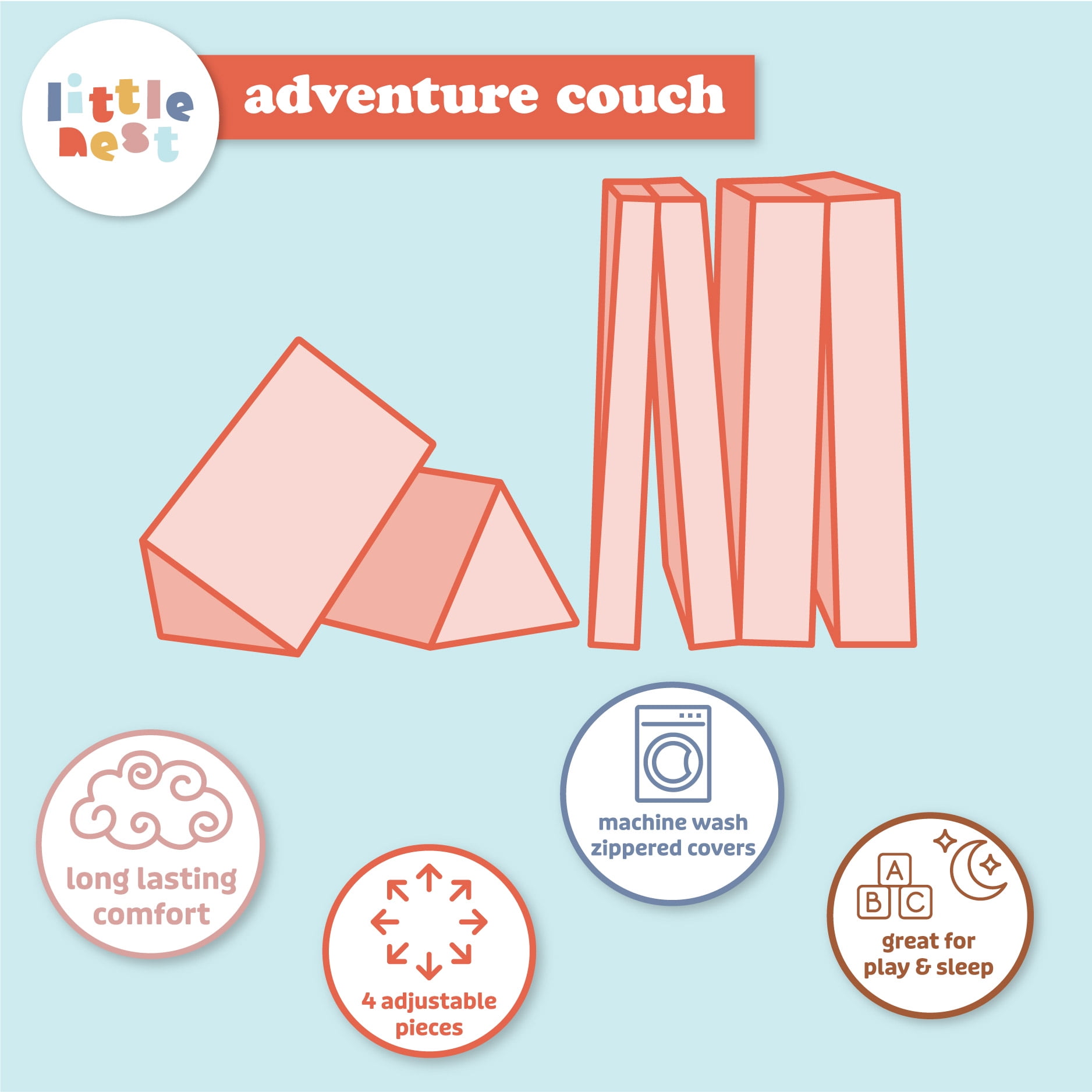 Little Nest Toddler Sofa, Adventure Explorer Kids Couch, Blush Pink