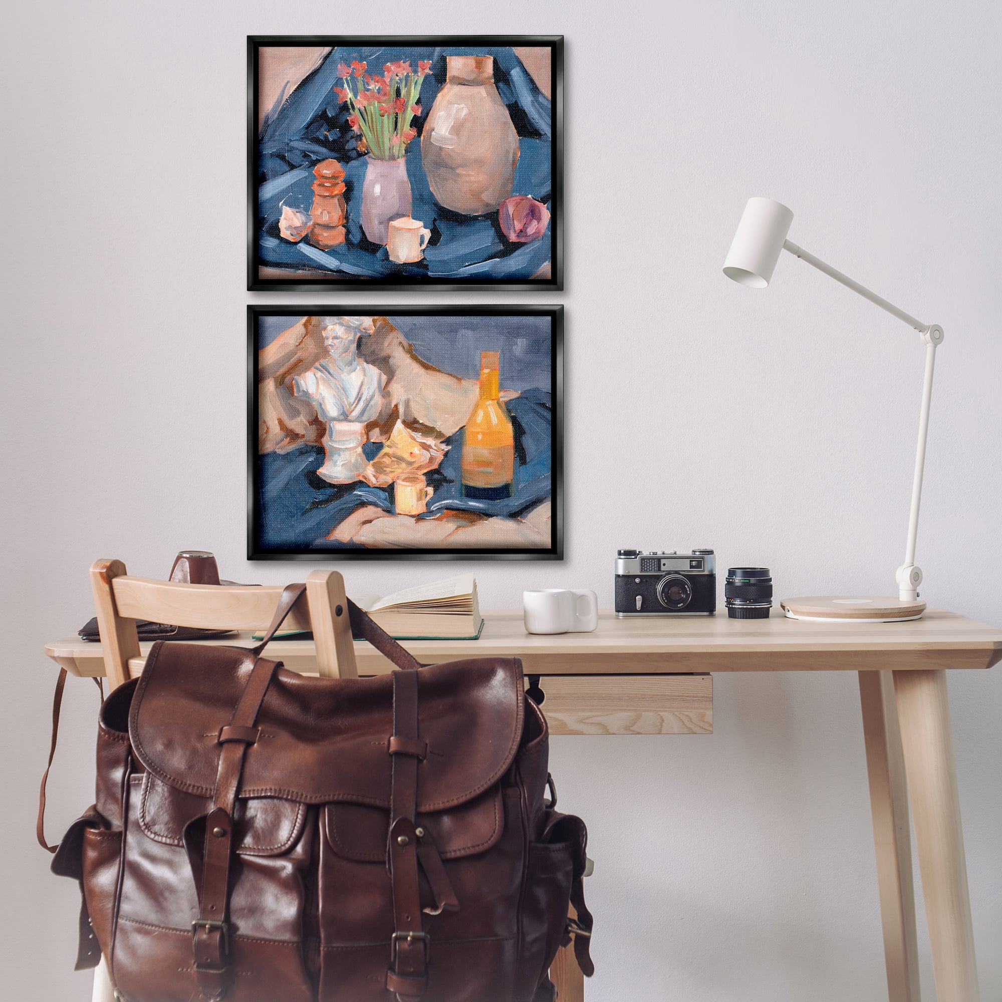 Stupell Industries Traditional Still Life on Drapery Plants & Flowers Painting Black Floater Framed Canvas Art Print Wall Art, 21 x 17, Set of 2