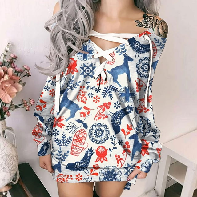 Robe de Noël Imprimée Décontractée pour Femmes Mini Robe Manches Longues Épaules Dénudées Robe Chandail Mode Robe de Soirée à Bretelles