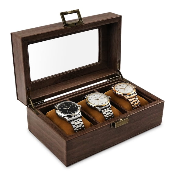 3 Slot Wooden Watch Box with Glass Lid - Espresso Watch Display Case with Pillows for Watch Storage and Protection