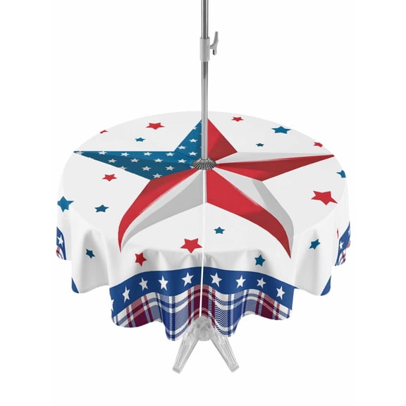 Outdoor Tablecloth with Umbrella Hole and Zipper, Independence Day Round Table Cloth 54 Inch Waterproof Tablecloth, Red Blue Patriotic Star Stripes Plaid Picnic Table Cover for Patio Camping