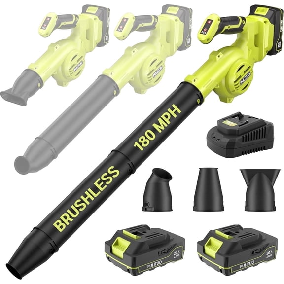 20V Cordless Leaf Blower with 2 Battery & Charger, 180MPH, 3 Speeds, 20000RPM, Lightweight Handheld Blower for Lawn Care, Patio, Yard, Leaves & Grass