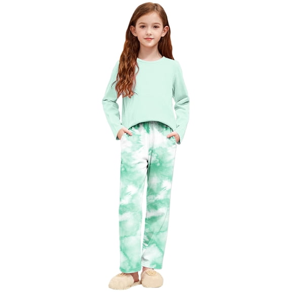 WRKEKC Kids Thermal Underwear Set Tie Dye Print Long Sleeve Crewneck Top and Wide Leg Pants 2 Piece Set for 3-15 Years