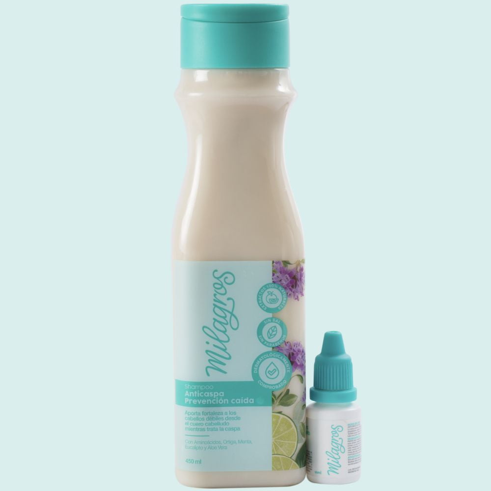 Milagros Shampoo anti dandruff & hair loss prevention Miracle shampoo Shampoo Milagros Anticaspa Formula de efecto duuo, anti caspa y prevencioon caida champu milagros