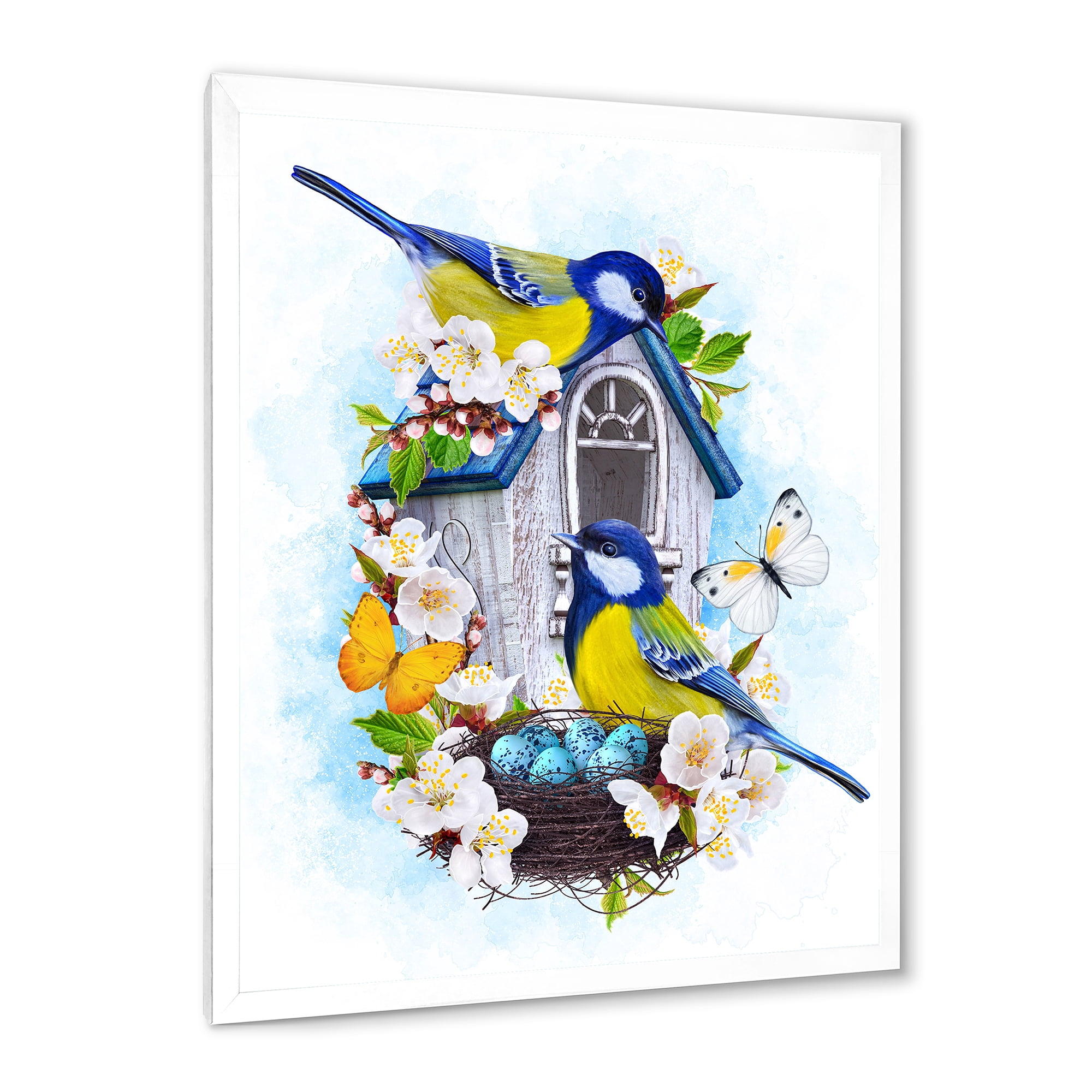 Designart 'Two Tit Birds Sitting Near The Nest With Eggs and White Flowers I' Traditional Framed Art Print