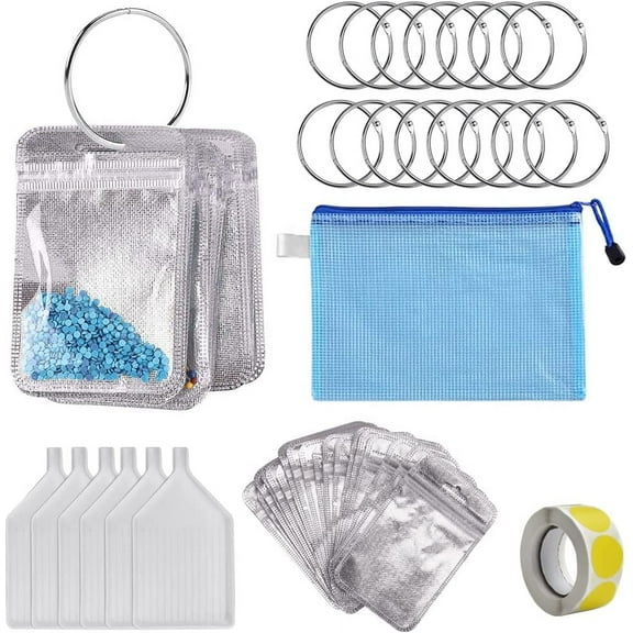 LYTIVAGEN Diamond Painting Accessories Kit Including 100Pcs Diamond Painting Ziplock Bags 10Pcs Round Binding Rings 6Pcs Plastic Tray 1 Sticky Dots Labels 1 Storage Bag for Craft Embroidery
