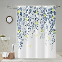 Blue Shower Curtain, Blue Leaves Yellow Floral Eucalyptus Leaf Pattern Botanical Bath Curtains Waterproof Fabric with Hooks for Home Decor, 72Wx72H