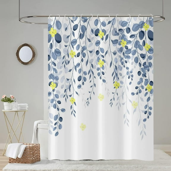 Blue Shower Curtain, Blue Leaves Yellow Floral Eucalyptus Leaf Pattern Botanical Bath Curtains Waterproof Fabric with Hooks for Home Decor, 72Wx72H