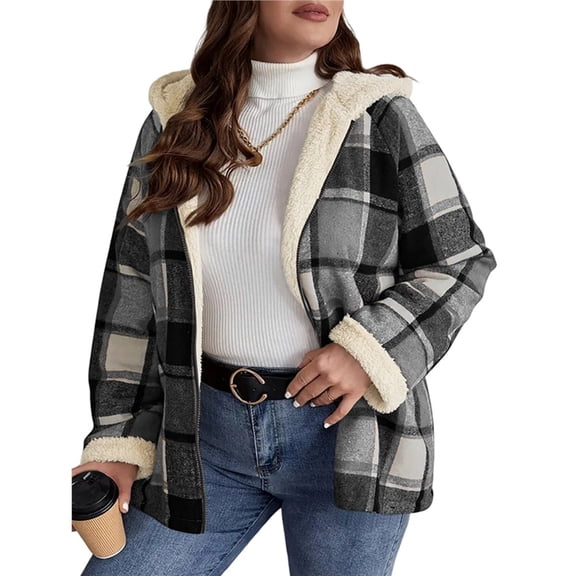 Women's Plaid Shirt Jacket, Long-Sleeved, Zip-Up Fleece Hooded Coat, Warm Overcoat Gray Grid M
