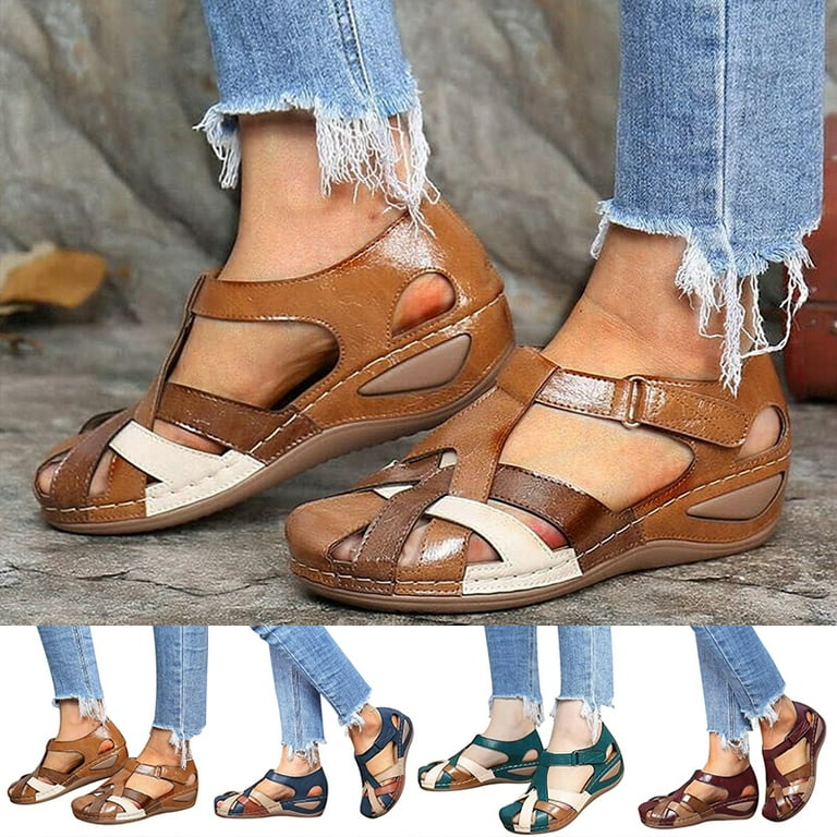 Women s Sandals Wedges Heel Flat Hook and Loop Sandals with Cross Strap Beach Sandal 40 Dark Brown
