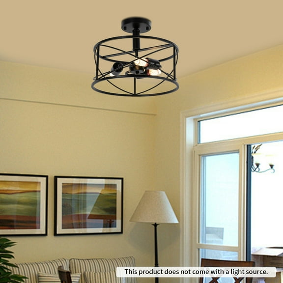 Vintage Industrial 3-Light Semi-Flush Ceiling Light – Black Metal Cage Fixture, Dimmable, Matte Finish for Kitchen, Bar, Hallway & Office