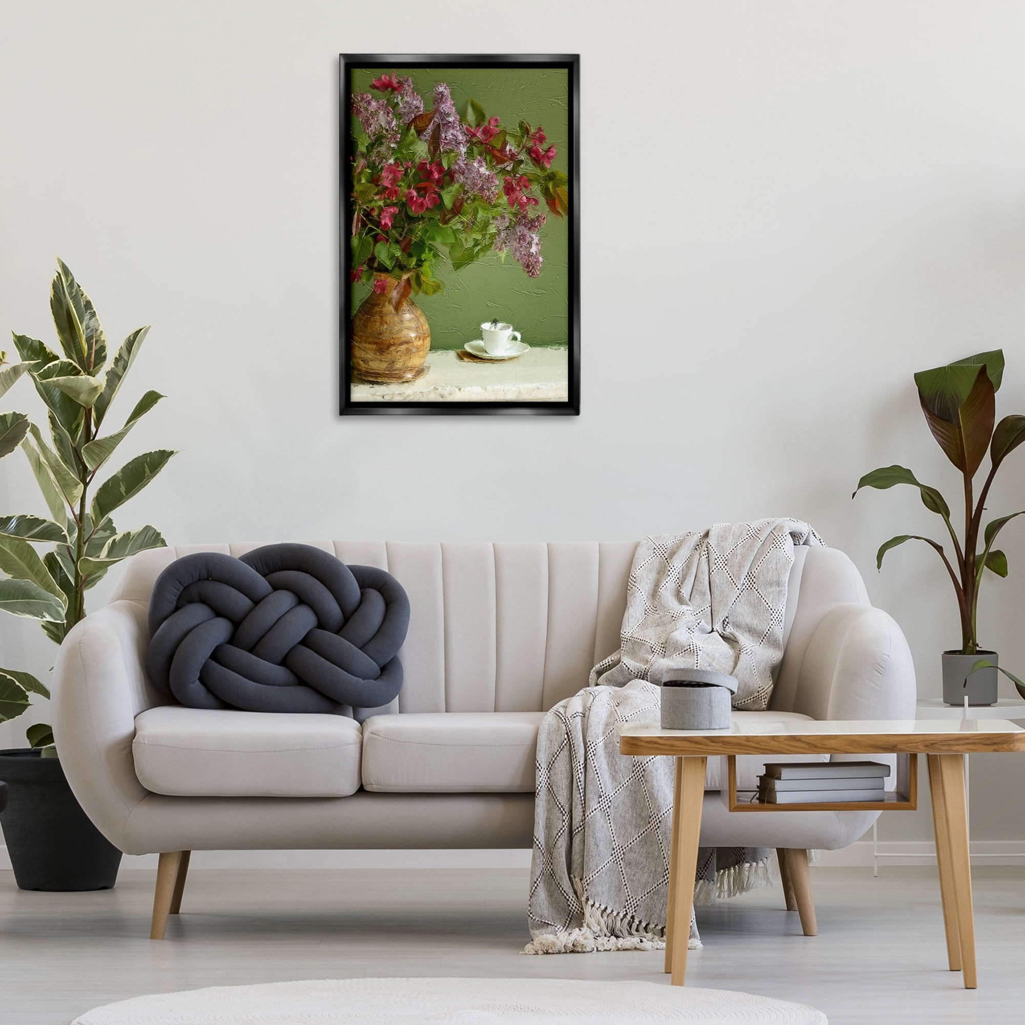 Stupell Industries Flowers & Teacup Botanical & Floral Painting Black Floater Framed Art Print Wall Art, 21 x 31