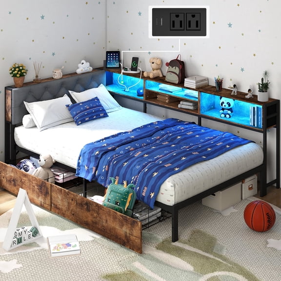 DRNANLIT Twin Corner Bed Frame with Storage Bookcase, LED Lights, 2 Drawers, Charging Station, Upholstered Headboard, Rustic Brown & Gray, No Box Spring Needed