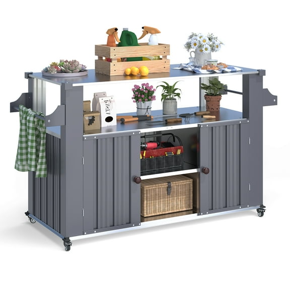 AECOJOY Outdoor Grill Table Cart with Storage Cabinet, Weatherproof Outdoor Kitchen Island with Prep Counter, Dark Grey