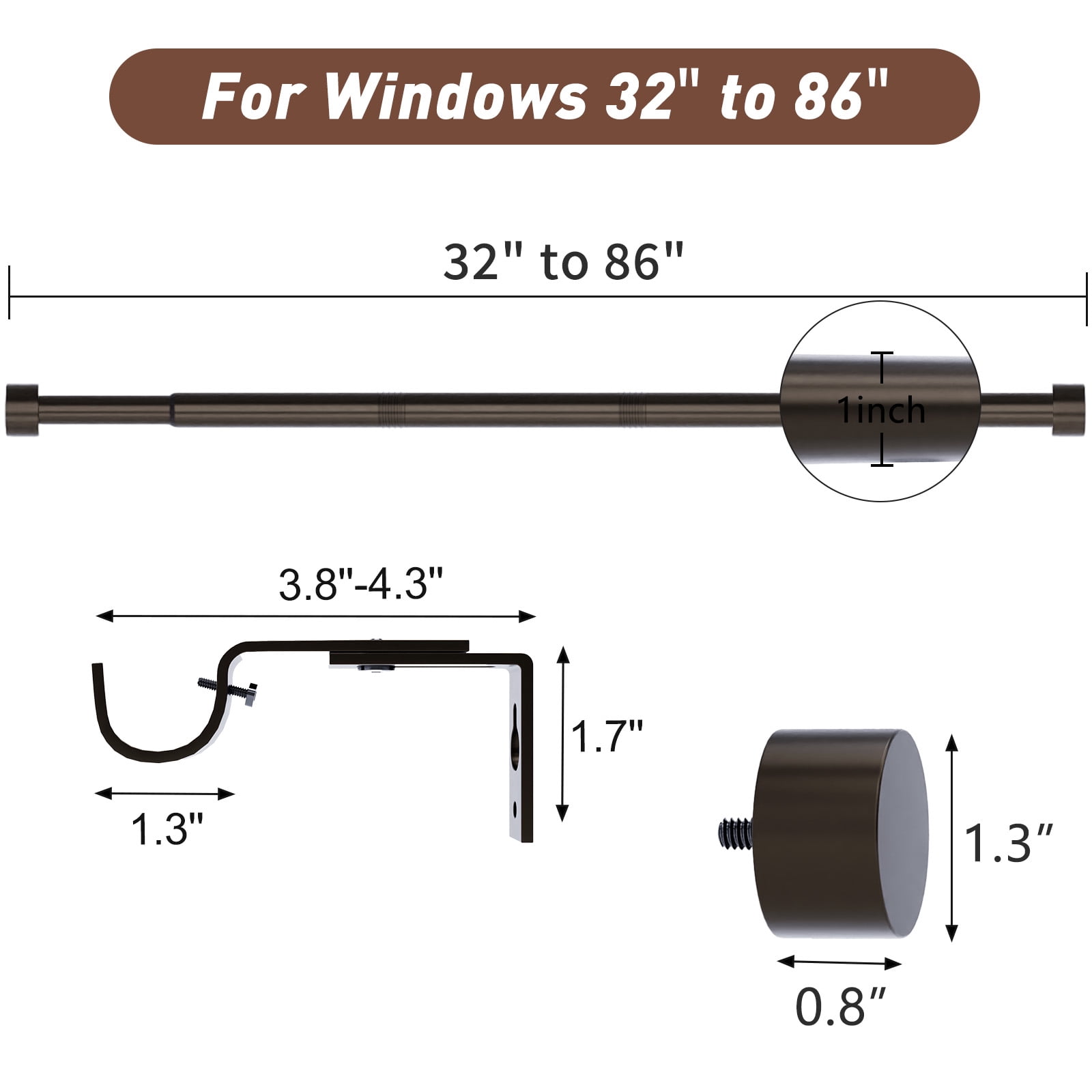 32"-86" Curtain Rods,1 inch Diameter Single Curtain Rod Set,Heavy Duty Curtain Rods with Aluminium Finials,Bronze