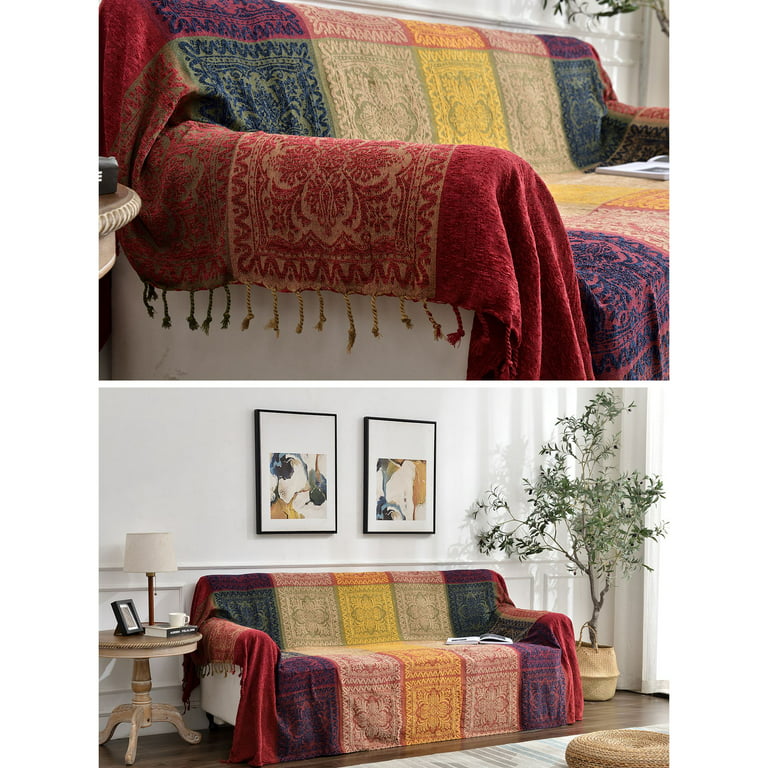 Boho Tribal Throws Blankets Colorful Bohemian Hippie Chenille Throw Ers Couch Furniture Sofa Chair Loveseat Red L 86x102 Size 86 X 102