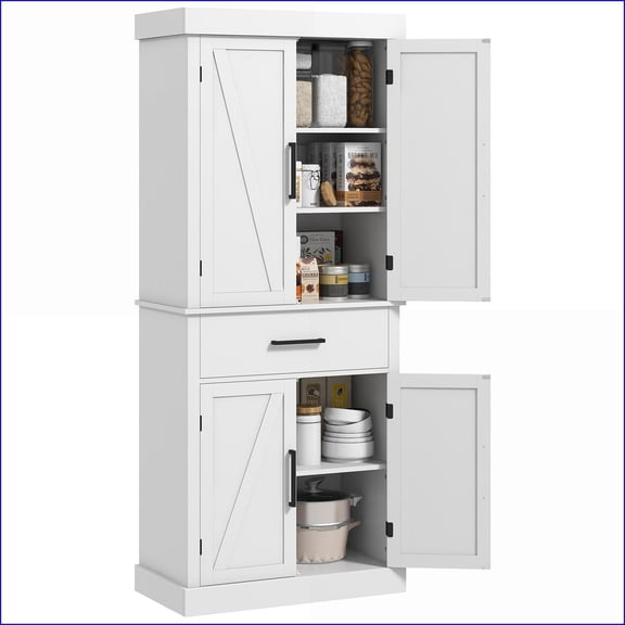 Kitchen Pantry Storage Cabinet, 72'' Tall Farmhouse Freestanding Cabinet with 4 Barn Doors, Drawer, Adjustable Shelves, White | Particle Board