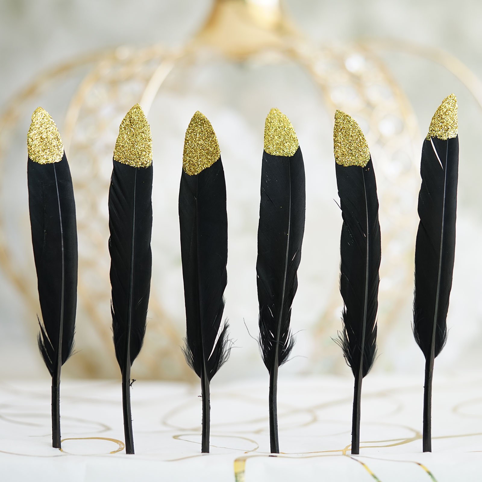Efavormart 60 Pack Glitter Gold Tip Black Real Turkey Feathers For