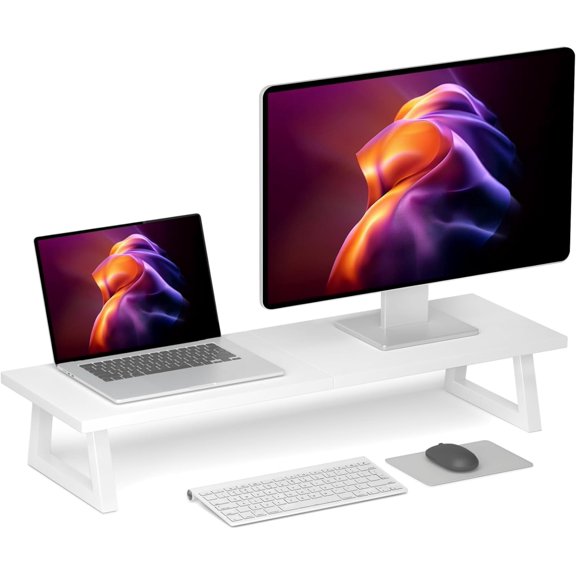 White Dual Monitor Riser - 31.5 inch Wide TV Stand for 2 Monitors - Wood & Steel Desktop Riser for Dual Screen Office Desk Organization