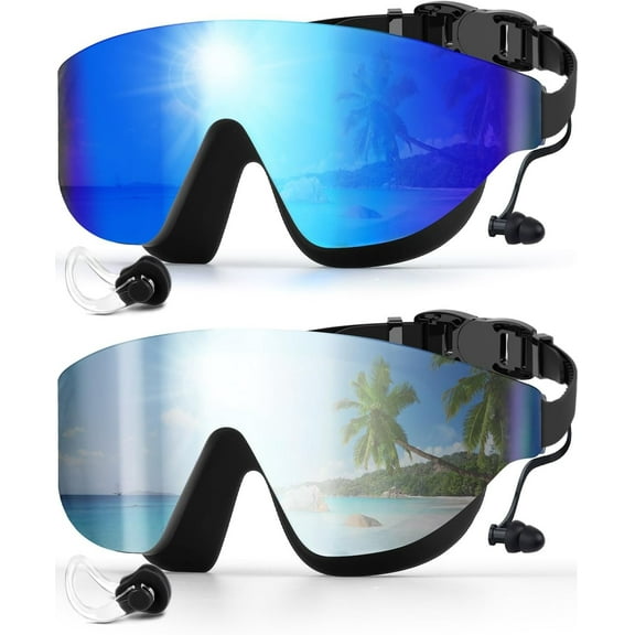 Swim Goggles, Frameless Wide View Swimming Goggles, Anti-Fog Anti-UV No Leaking Pool Goggles for Men Women Adult,Blue & Silver