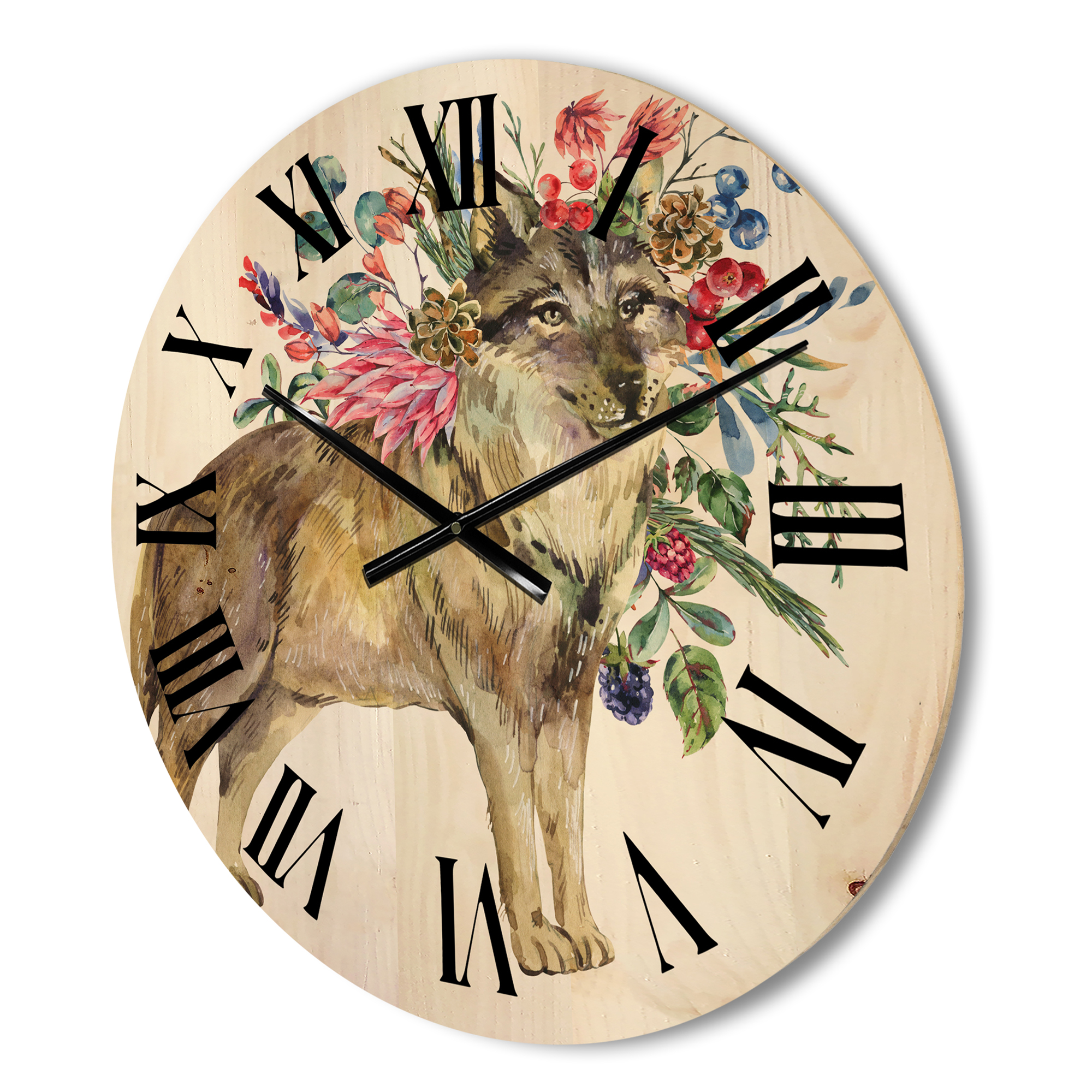 Designart 'Wolf With Woodland Flowers On White' Farmhouse Wood Wall Clock