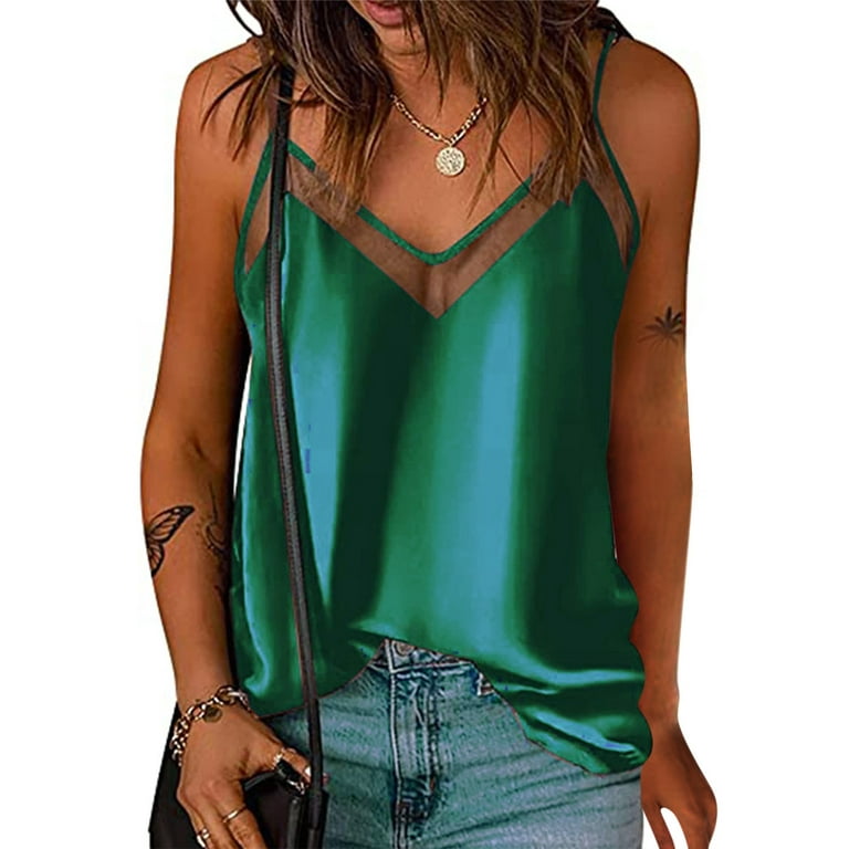 RQYYD Reduced Summer Tank Tops for Women Mesh V Neck Spaghetti Strap  Camisole Loose Fit Satin Sleeveless Shirts Summer Casual Flowy Shirt