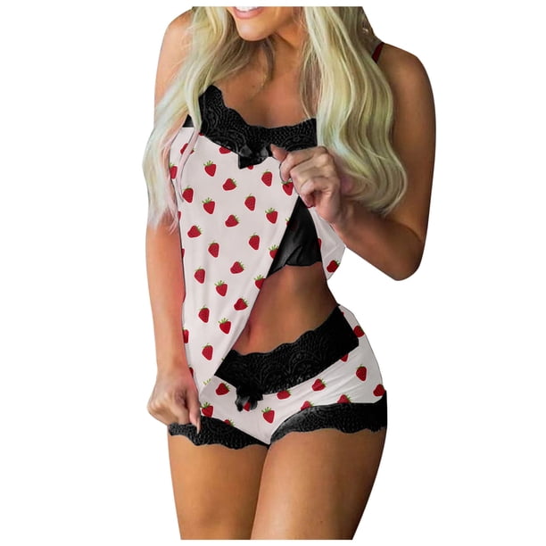 Conjunto de Tops Para Mujer Conjunto Informal de Pantalones Cortos Sin Mangas Con Tirantes de Encaje Con Estampado Erógeno Odeerbi ODB176084
