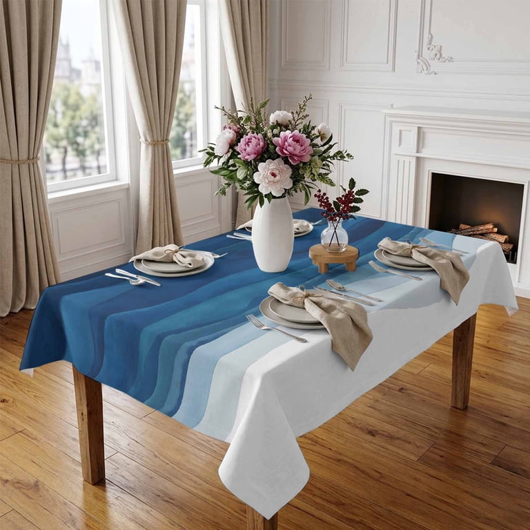 Blue Ocean Wave Table Cloth 60x84in, Waterproof Rectangle Tablecloth Wipeable Tablecloths Abstract Gradient Geometric Stripe Table Covers for Dining Tables Party Indoor Outdoor