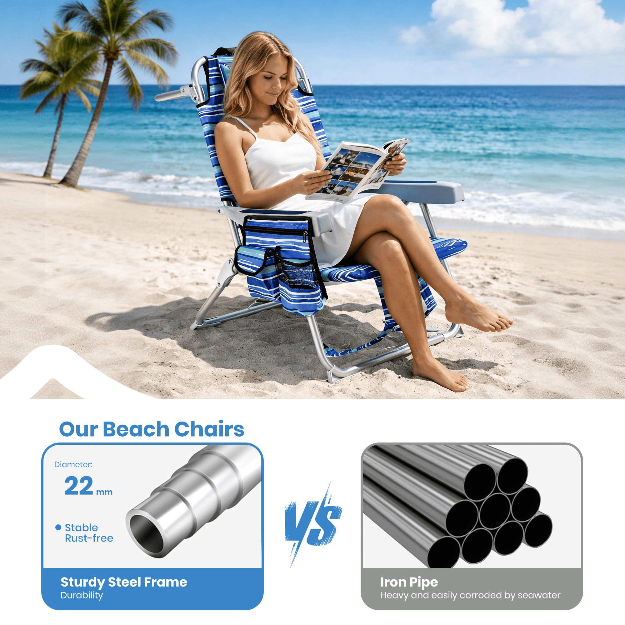 GVDV Backpack Beach Chair Set of 2, Portable Folding Beach Chair with Cup Holder and Towel Bars, 4-Position Adjustable Reclining Chair for Beach, Camp, Outdoor