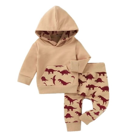 

Styles I Love Baby Boys Autumn Winter Beige Long Sleeve Dinosaur Kanga Pocket Hoodie and Pants 2pcs Cotton Outfit (70/3-6 Months)