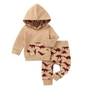 Styles I Love Baby Boys Autumn Winter Beige Long Sleeve Dinosaur Kanga Pocket Hoodie and Pants 2pcs Cotton Outfit