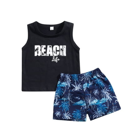 

Wallarenear 2Pcs Baby Boy Sleeveless Tank Tops Palm Print Summer Beach Shorts Set