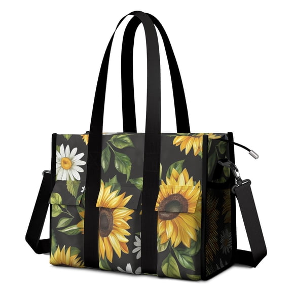 Sunflower and DaisyLarge Teacher Tote Bag with Laptop Compartment, Multi-Pocket Waterproof Work Tote