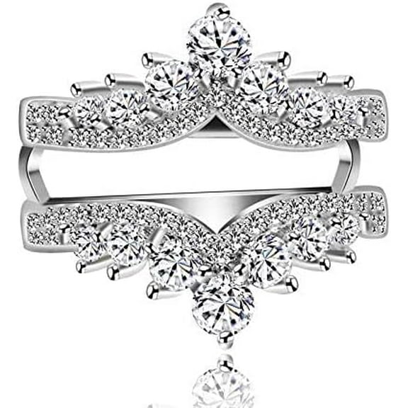 Divine Creation 925 Sterling Silver 2.20 Ct Round Cut White Diamond Wedding Engagement Enhancer Guard Wrap Ring 14K White Gold Plated For Women's - 6