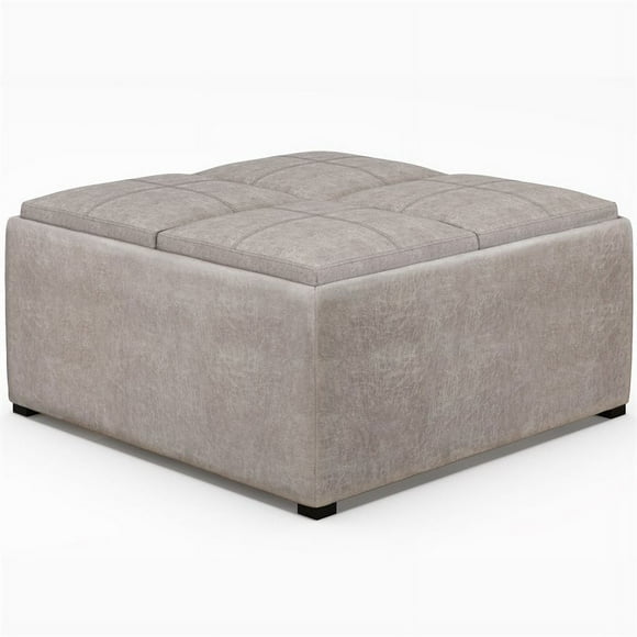Simpli Home Avalon 35" Square Faux Leather Storage Coffee Table Ottoman in Gray